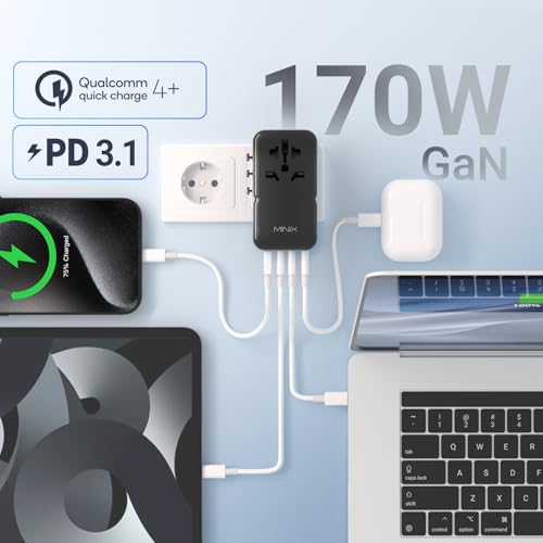 MINIX 170W Universal Travel Adapter GaN III Travel Adapter Worldwide with 3 USB-C & 1 USB-A Ports, International Power Adapter Compatible with US/UK/EU/AU for Laptops, Tablets, Phones, Cameras - style: 170W-Fast Charge