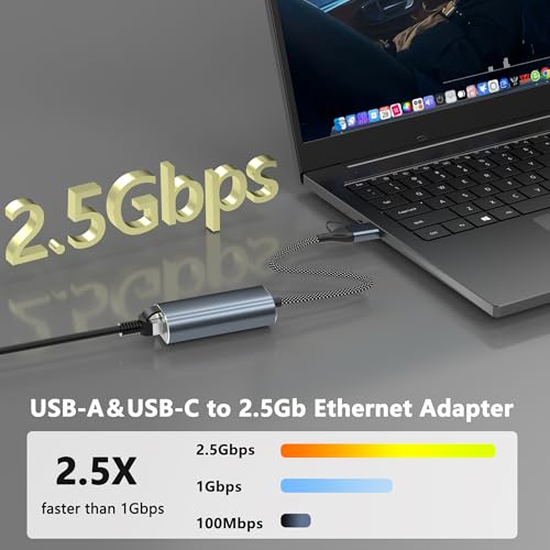 USB to Ethernet Adapter 2.5Gb, Dual-Connector 2 in 1 USBA&USBC to 2.5 Gigabit Ethernet Adapter for Laptop/iPhone16/17, Wired LAN Network Adapters, USB to RJ45 Computer Network Adapters
