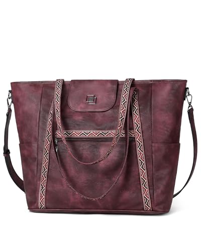 FADEON Large Laptop Tote Bag for Women Designer Leather Laptop Bag, 15.6in | Fashion Travel Backpack Purse Shoulder Handbag Fits 15.6 Laptop, Daily, Work, Business Trip, Weekend Travel, Teacher - color: Wine Red Retro Style