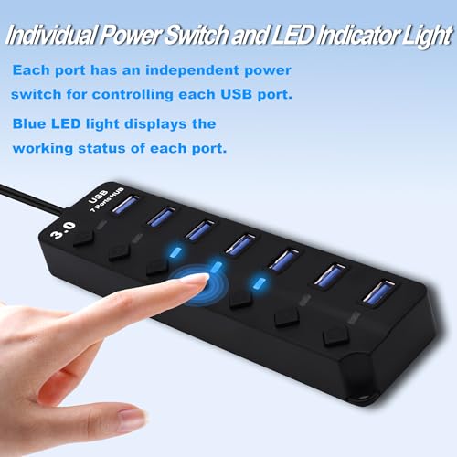 7-Port USB 3.0 Hub Multi Functional 1 to 4 Splitter 5Gbps Data Transfer USB 3.0 Extender with Individual LED Power Switches, for Laptop,PC,Flash Drive,HDD (USB HUB 7 Ports)