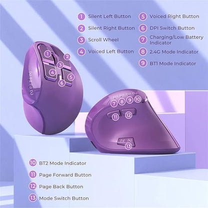 Vertical Mouse, Wireless Ergonomic Optical Mouse (BT 5.0 + Bluetooth 3.0 + USB Connection) with 9 Buttons, Rechargeable Computer Mouse for Wins PC/Laptop, Mac (Purple) - color: Purple