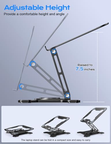 JCZT 360° Rotating Laptop Stand for Desk, Metal Foldable Laptop Riser Black | Ergonomic Portable Adjustable Laptop Stand, Ventilated Cooling Notebook Holder for MacBook Air Pro, All 10-16'' Laptops - color: Black