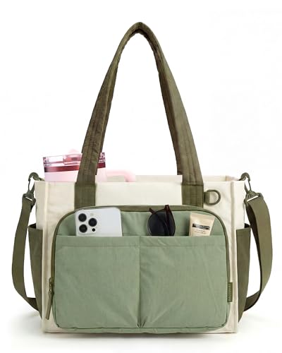 BAGSMART Small Tote Bag for Women, 13'' Laptop Canvas Work Bag with Zipper | 30oz/40oz Tumble & 11 Pockets Travel Tote, Teachers/Nurses, Lightweight Canvas or Water-Resistant Puffer Taslon Crossbody Bag - color: Large Forest Green, size: Puffy Taslan