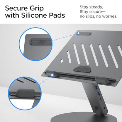 Spigen ArcDock Laptop Stand with 6 in 1 Hub USB-A 3.0, USB-C 3.0, PD 100W, 4K 60Hz HDMI Universal Adjustable Folding Laptop Dock with 360 Rotating Base - Space Grey - size: 6-in-1 Hub