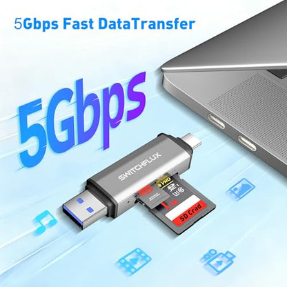 SD Card Reader USB C, 2-in-1 Dual Slot Micro SD Adapter, USB 3.0 High Speed Memory Card Reader for SD,Micro SD,SDHC,SDXC,Compatible with MacBook Pro/Air, iPhone 15/16, iPad, Laptop, Android