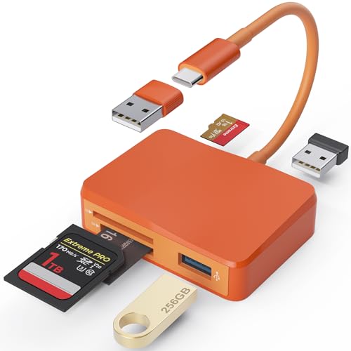 SD Card Reader, 5 in 1 USB-C & USB Card Adapter with SD/MicroSD/MS and Dual USB-A Ports Memory Card Reader for iPhone 17/16/15 Pro Max iPad MacBook Pro/Air M4/M3 Android Phone/Tablet PC (Orange) - color: Orange