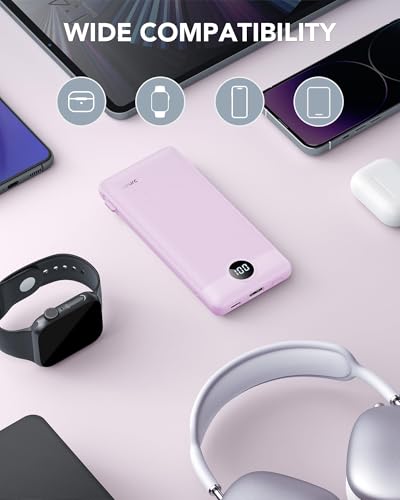 VRURC Portable Charger, Power Bank Built-in Cables and AC Wall Plug | USB C Power Bank 10000mAh Travel Essentials Phone Charger Compact External Battery Pack For Smart Phones, Tablets etc-Purple - color: Purple