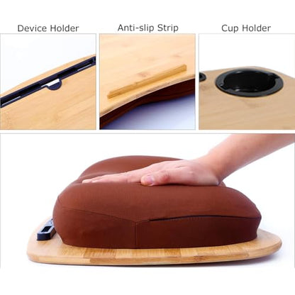 Lap Desk for Laptop with Cushion, Cup Holder-Fits up to 18 inch | Bamboo Computer Laptop Stand with Phone Hoder, Anti-Slip Stopper - size: 21.6"x13.8" with Cup Holder