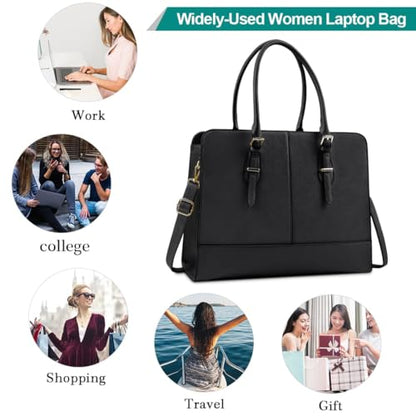 Laptop Bag for Women 15.6 Inch Leather Work Tote Briefcase Business Computer Shoulder Bag Large Capacity Waterproof Office Messenger Handbag Professional Teacher Nurse Carryall - color: Black