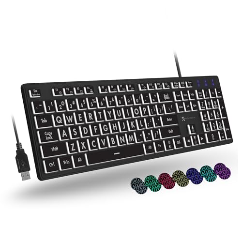 X9 Large Print Backlit Keyboard | Wired Light Up Computer Keyboard for PC Desktop Computer and Laptop - Easy to See and Type Illuminated Large Keys for Seniors and Elderly with 7 Backlight Colors