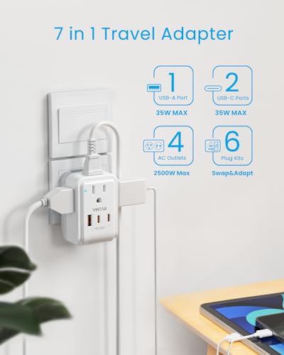 Universal Travel Adapter Kit, VINTAR PD 35W International Power Adapter with 3 USB Ports (2 USB C) and 4 AC Outlets, Type A,C,G,D,I,M Detachable Attachments, Adapter for US/EU/UK/India/AUS/Africa - style: 35W Type A/C/G/D/M/I-All in One Adapter