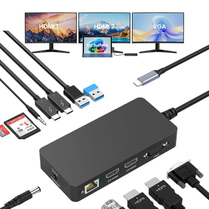 2026 New Surface Thunderbolt 4 Dock Triple Displays 4K HDMI*2+VGA, 12 in 1 Surface Pro Docking Station with Power Adapter for Surface Pro 11/10/9/8/X/7/6/5/4/3, Surface Laptop, Surface Book Go
