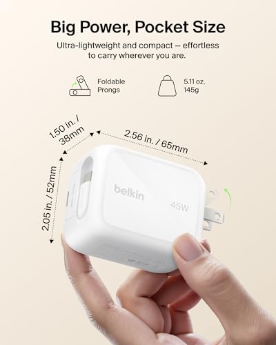 Belkin 45W GaN USB C Retractable Charger Block Fast Charging for Travel | 3.3ft Retractable Cable, USB C Port, iPhone 17, Galaxy S26, AirPods, iPads, MacBook, Travel Charger, Charge Up to 2 Devices - color: White, style: 45W