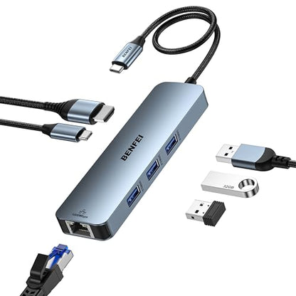 BENFEI USB C HUB 6-in-1 with HDMI(4K@60Hz), Gigabit Ethernet, 100W Power Delivery, 3*USB 3.0, Silicone Cable, Aluminum Case Compatible with iPhone 15 Pro/Max, MacBook, iPad Pro, iMac, S23, XPS17 - style: 3A(6in1)