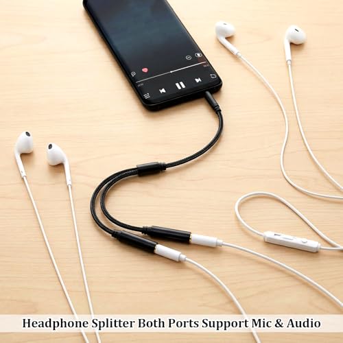 2 Pack 3.5mm TRRS Splitter for 2 Headphones Aux Splitter1 in 2 Out Dual Female Headset Adapter Audio Jack Splitters for Audio Mic Headset Split Y Cord Two Way for Phone Tablet Laptop