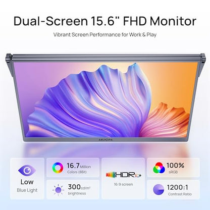 ARZOPA 15.6" Dual Portable Monitor for Laptop, Foldable Stackable FHD 1080P 100% sRGB IPS Extender, USB C & HDMI Connectivity, Adjustable Kickstand, for Mac PC Windows Gaming Office Travel-E1 Gray