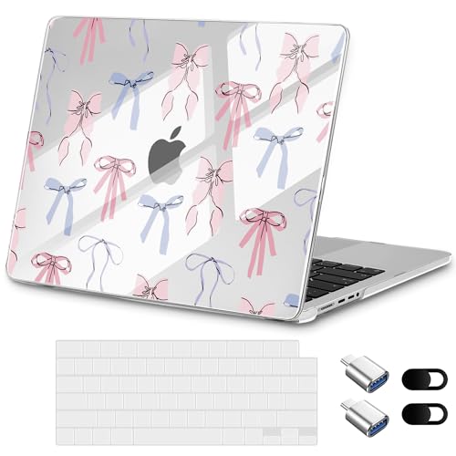 for New MacBook Pro 14 inch Case 2026 2025 M5 2024 M4 2023 Release– Aesthetic Floral Design Ultra Thin Clear Laptop Shell 6-in-1 Bundle with TPU Keyboard Cover & OTG Adapters, Pink Bow - color: Pink bow