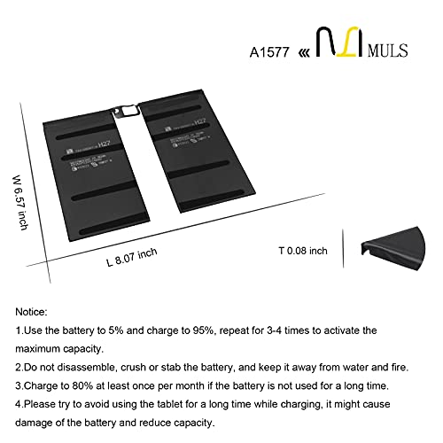 MULS A1577 Tablet Battery for Apple iPad Pro 12.9” 1st Gen Wi-Fi/Cellular A1584 A1652 020-00016 ML0F2LL/A ML0F2B/A ML0F2CL/A ML0F2FD/A ML0F2TY/A ML0G2LL/A ML0G2B/A ML0G2CL/A ML0G2FD/A ML0G2TY/A | A1584 A1652 020-00016 ML0F2LL/A ML0F2B/A ML0F2CL/A ML0F2FD/
