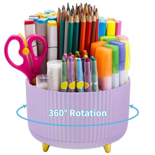 Marbrasse Desk Organizer, 360-Degree Rotating Pen Holder, Desk Organizers and Accessories with 5 Compartments Pencil Holder, Art Supply Storage Box Caddy for Office, Home（Purple） - color: Purple