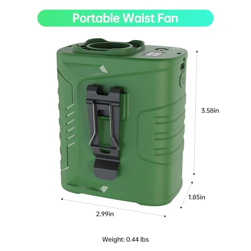 Waist Fan, 5000mAh Rechargeable Belt Clip Fan, 39ft/s Strong Airflow, 5 Speeds, Up to 29H Runtime, Wearable Hands-Free Cooling with LED SOS Light for Outdoor Camping Hiking - color: Army Green
