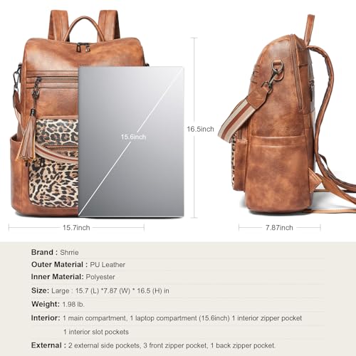 Shrrie 15.6 inch Laptop Backpack for Women,Large Leather Purse,Travel Backpacks Carry on,Water Resistant Casual Laptop Backpacks,College Backpack,Work Backpack for Women,Two-tone Camel Brown - color: Brown With Leopard