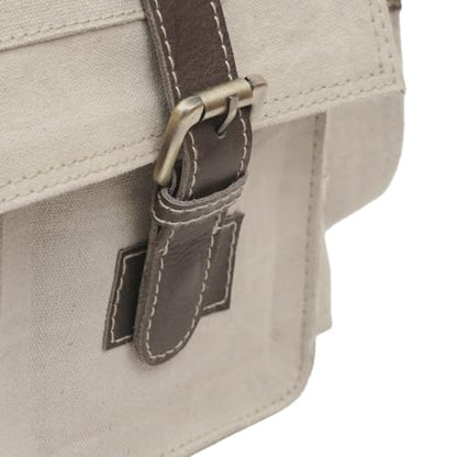 Easton Crossbody Messenger Bag | Denim Canvas Laptop Bag with Leather Accents | Multi Pocket Shoulder Bag - color: Fade Beige