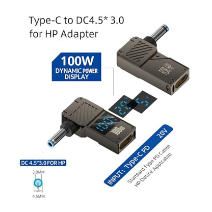 USB C to 4.5mm Laptop Charging Adapter, 100W Female Type C to Male DC 4.5 x 3.0mm(0.6mm) Jack Plug Converter with Power watt Display for H.P Notebook Probook Elitebook Laptop (1)