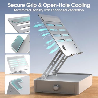 Laptop Stand with Storage Drawer, Heavy-Duty Metal Laptop Riser for Desk, Ergonomic Height & Angle Adjustment for 10–16.2″ Laptops, Silver - color: Silver
