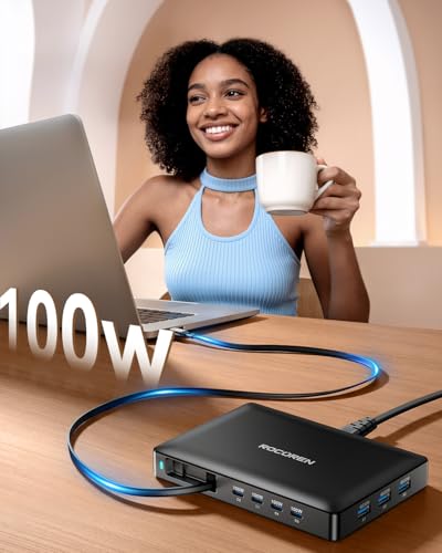 560W USB C Charger Block, Rocoren 8-Port Ultra-Thin USB C Charging Station with Retractable Cable, 100W PD Fast USB Charger Station Hub for MacBook Pro/Air, iPad, iPhone 17/16/15, Samsung