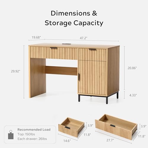 47" Fluted Executive Desk, Modern Wood Home Office Desk with Charging Station, Drawer & Cabinet, Computer Writing Desk for Work Study, Natural Oak - color: Natural Oak