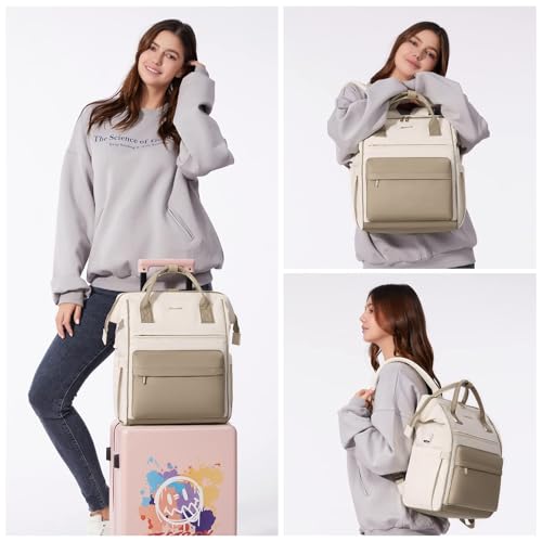 LOVEVOOK Laptop Backpack for Women, 15.6 Inch Work Laptop Bag Teacher Nurse Backpack, Wide Open Travel Tote Backpack Purse Business Computer Daypack - color: Beige & Khaki-m