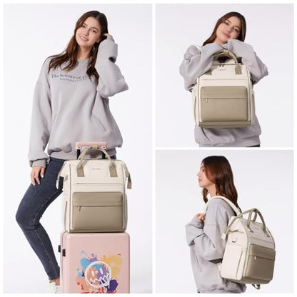 LOVEVOOK Laptop Backpack for Women, 15.6 Inch Work Laptop Bag Teacher Nurse Backpack, Wide Open Travel Tote Backpack Purse Business Computer Daypack - color: Beige & Khaki-m