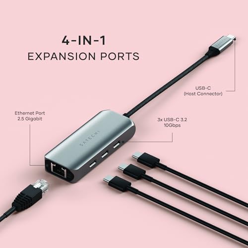Satechi 4-in-1 USB-C Ethernet Adapter, 2.5 Gbps Speed, Chrome | 3 additional data ports (3.2), for Mac, iPad, Windows, Android, Chrome