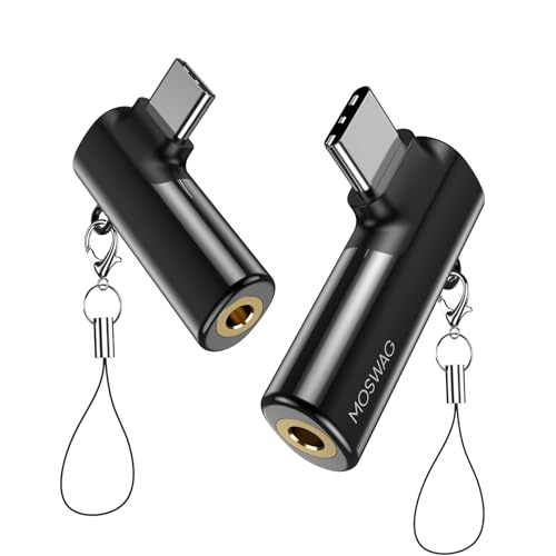 MOSWAG USB C to 3.5mm Jack USB C Headphones Adapter Right Angle Type USB C to AUX Jack Adapter Audio Dongle Zinc Alloy Headphone Adapter Compatible with Samsung S23 S22 Pixel 7/6 iPad Pro/Air - color: Black, size: 2 Pack