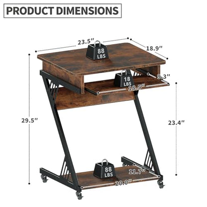 ALISENED Computer Desk for Small Spaces Compact Desk with Keyboard Tray | 23.6" Z-Shaped, with Wheels and Bottom Shelves, for Home Office, Computer Cart Mobile Laptop Cart, Rustic Brown - color: Brown