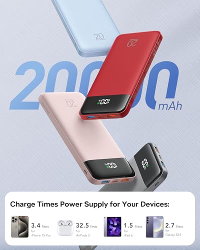 charmast 20000mAh Portable Charger with Built in Cables, 22.5W Travel Power Bank Fast Charging, USB C Cell Phone Battery Pack for iPhone 17/16/15/14/13/12 Series, iPad, Samsung, Android, Tablet - color: Flame Red