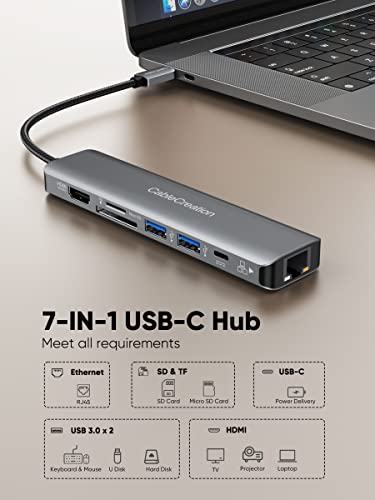 CableCreation 7-in-1 USB C Hub Adapter with 1Gbps Ethernet,4K@60Hz HDMI | 2 USB 3.0 Ports,100W PD, Lightweight, SD/TF Cards Reader for Steam Deck MacBook Pro/Air, iPad Pro - color: 4K/60Hz 7 in 1