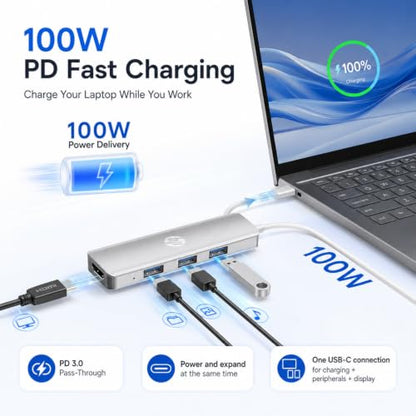 HP USB C Docking Station 5-in-1 Multi-Port USB C Hub,100W Power Delivery | Dual Monitor Support, 5Gbps Data Transfer, Aluminum Heat Dissipation,Portable,for Laptops, MacBook, iPad,and More,Silver