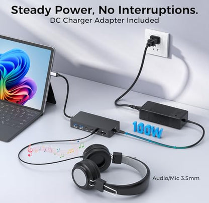 Surface Thunderbolt 4 Docking Station, 12-in-1 Surface Pro Dock Dual 4K@60Hz HDMI VGA Triple Monitor Adapter Compatible with Microsoft Surface Pro 13 12 11 10 9 8 7 X, Surface Laptop 7 6 5, Go, Book