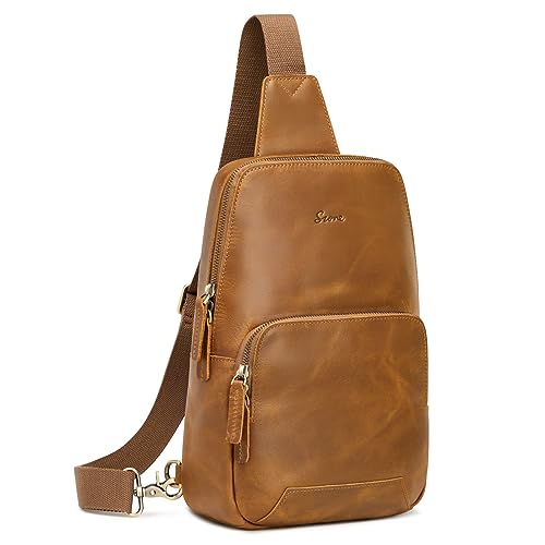 S-ZONE Sling Bag for Men Women RFID Blocking Genuine Leather Crossbody | Top Grain Leather, Vintage Chest Bag, Hiking Daypack Travel Outing Shopping, Anti-theft, Multi Pockets - color: Light Brown
