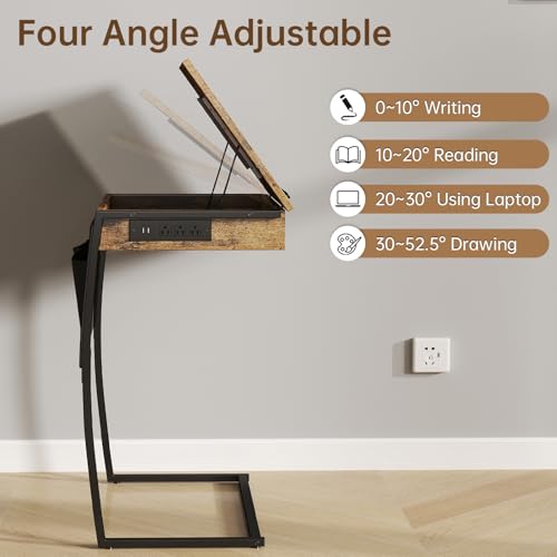 Hadulcet TV Tray Table for Eating on Couch, Tiltable 0-52°, Hidden Storage | Laptop Desk for Couch with Storage & Charging Station, TV Dinner Trays for Small Spaces, C Shaped End Table, Rustic Brown - size: 28.5"
