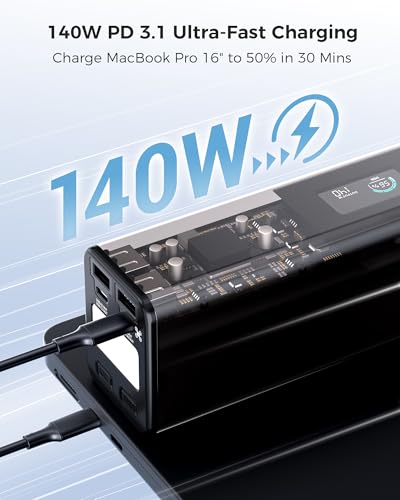 ZOUPW 140W Portable Power Bank with 100W USB C Cable, 27000mAh Laptop Power Bank, 160W Total 5-Port Fast Charging, 99.9Wh TSA Approved Travel Essentials for iPhone iPad and MacBook