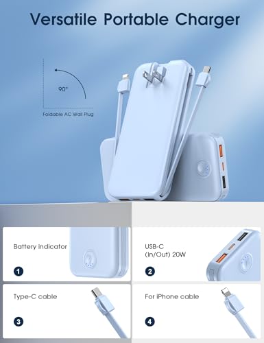 Nusyddy Portable Charger 10000mAh Fast Charging w/Built-in Wall Plug Blue | PD20W Fast Charging, LED Indicator, Pass Through Charging, TSA Approved, Compact/Slim, Power Bank for iPhone/iPad/Samsung - color: Cerulean