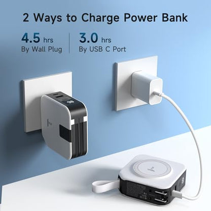 Powerpack Universal 5 in 1 Travel Power Bank - for Magsafe Battery Pack,10000mAh Power Bank with Built in Cable - Wireless Portable Charger for iPhone 15/15 Pro/ProMax, iPhone 14/13/12 Series - color: White