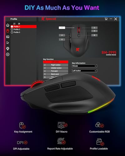 Redragon Large Wireless Gaming Mouse for Big Hands, Tri-Modes 2.4G/Bluetooth/Wired Rechargeable Ergo RGB Mouse with 2 Side Buttons, 6 Backlit Modes, Programmable Macro Gamer Mouse