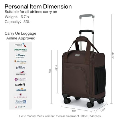 MILADA Underseat Carry On Luggage with Wheels, Airline Approved 16-inch Spinner Small Suitcase, Softside Travel Luggage, Personal Item Overnight Bag, Business Mini Suitcase for Women and Men, Coffee - color: Coffee