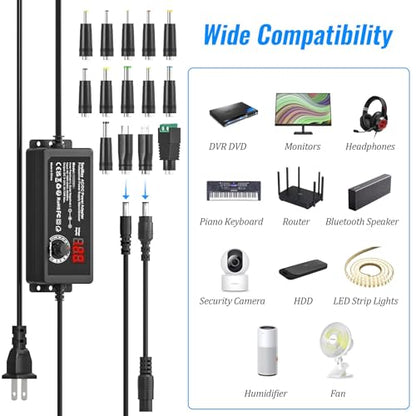 SoulBay 72W Universal Power Supply, 3V-24V 3A, Volt Display, 14 Tips | Adjustable AC/DC Adapter, Reverse Polarity Cable, 3000mA Max, For Household Electronics, LED Strips, Routers, Cameras