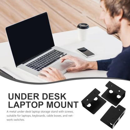 Zerodeko Desk Laptop Mount with Metal Screw Mounting Bracket and Protective Pads, Universal 3pcs Black Laptop Storage Holder for Keyboard, Cables, and Network Switch, Office and Study