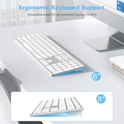 OMOTON Full Size Wireless Keyboard for Mac, Metal Frame, Silver | Ultra Slim & Quiet, Rechargeable Ergonomic, Bluetooth + 2.4G triple for MacBook Pro/Air/Neo, iMac, Mac Mini, Office/Home