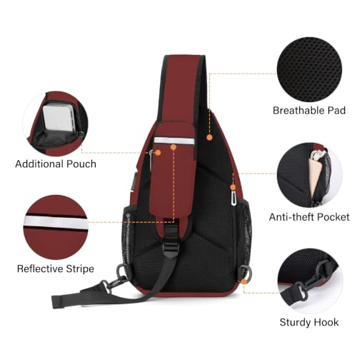 MOSISO Sling Backpack Bag, Crossbody Shoulder Bag Travel Hiking Daypack Chest Bag with Front Square Pocket&USB Charging Port - color: Wine Red
